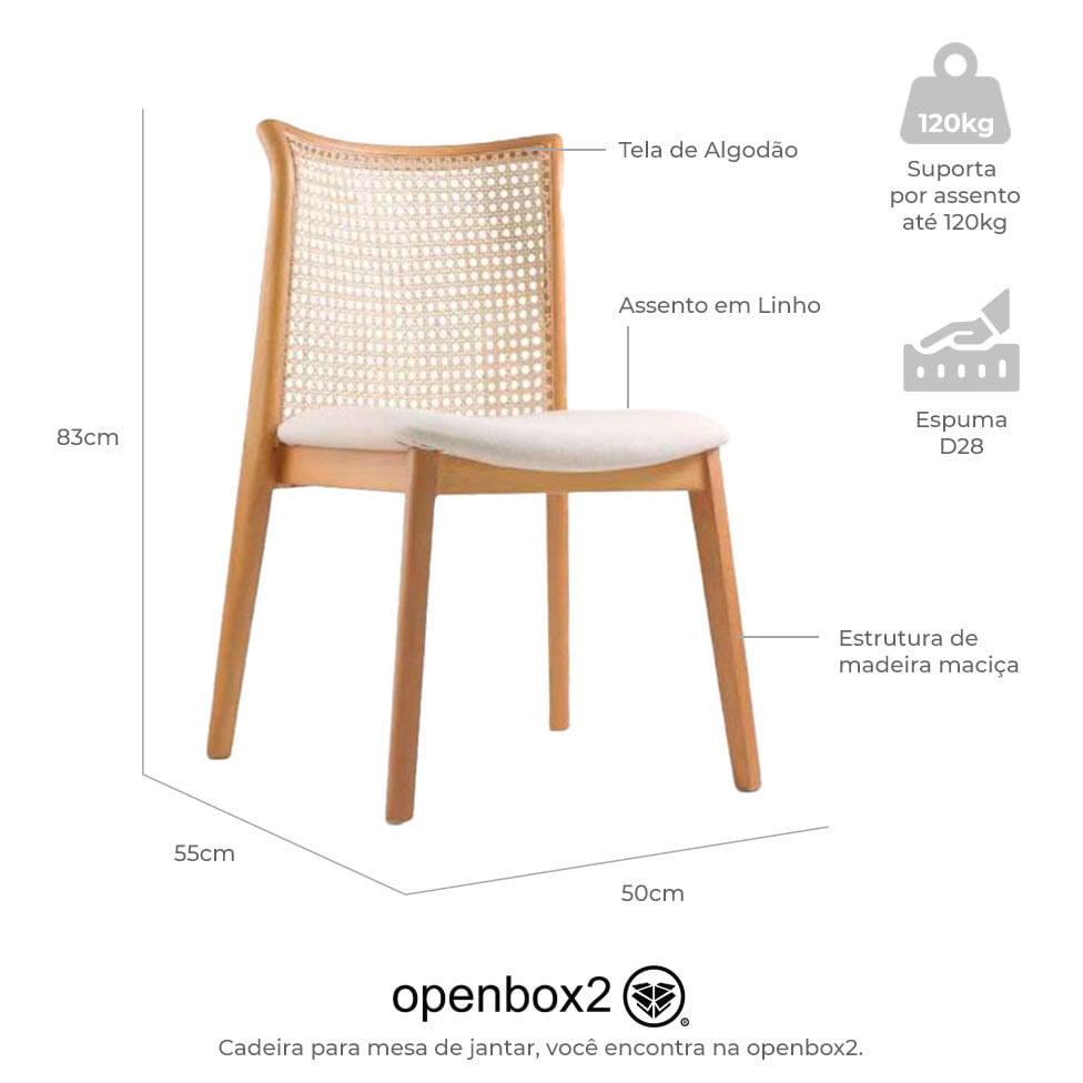 Conjunto Mesa de Jantar Duna Tampo de Vidro e 4 Cadeiras Sellenium em Linho Cru - Imagem 6
