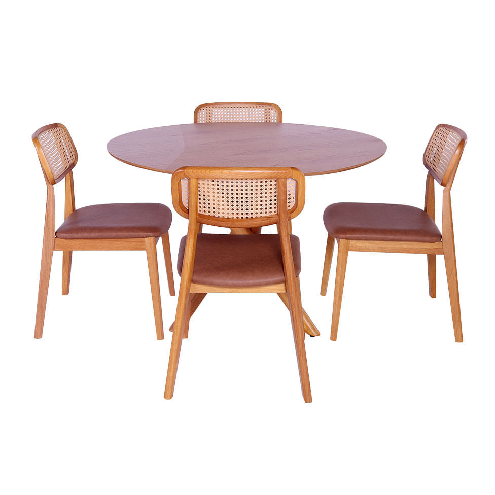Conjunto Mesa de Jantar Redonda Sellenium e 4 Cadeiras Duna em Corino Caramelo
