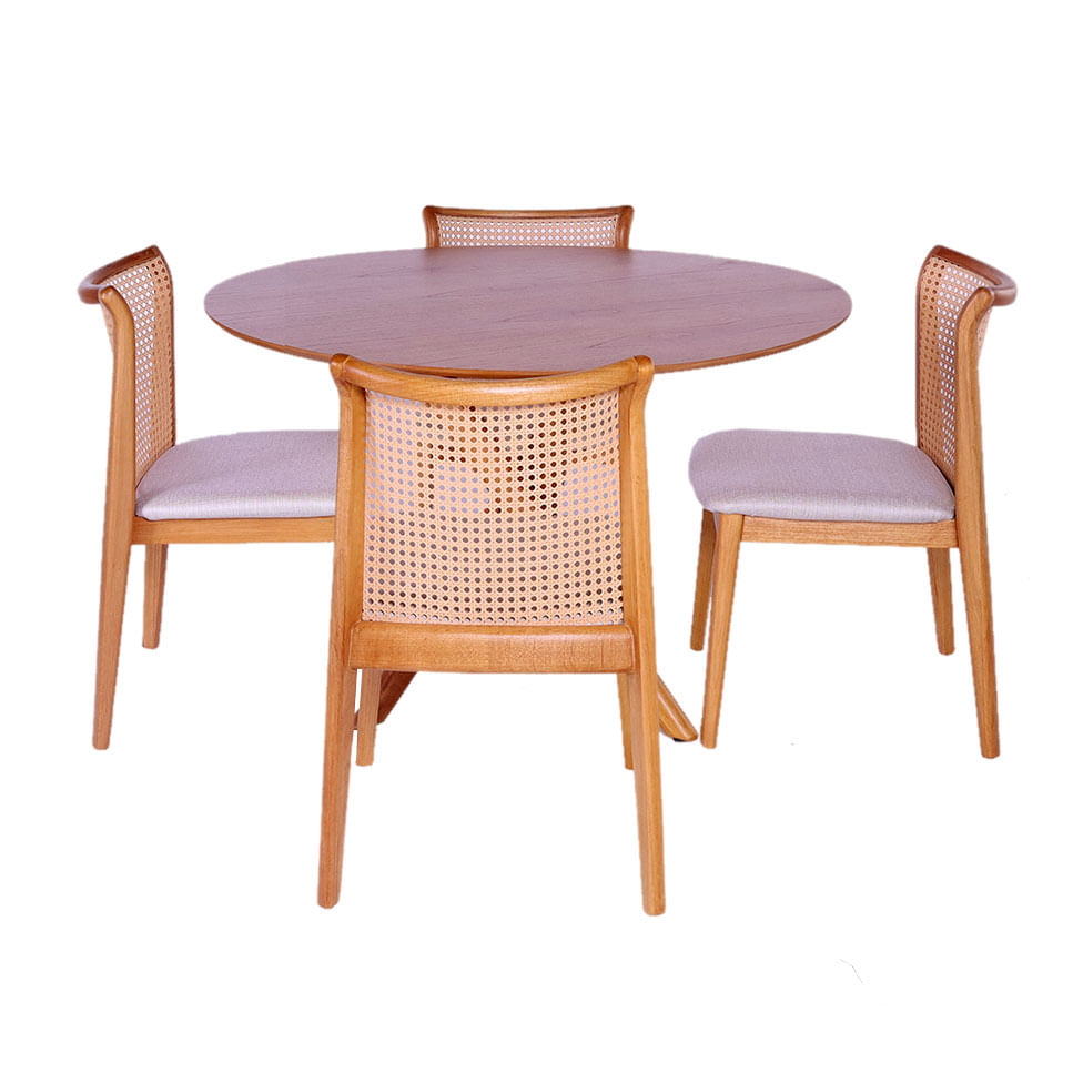 Conjunto Mesa de Jantar Redonda e 4 Cadeiras Sellenium em Linho Cru
