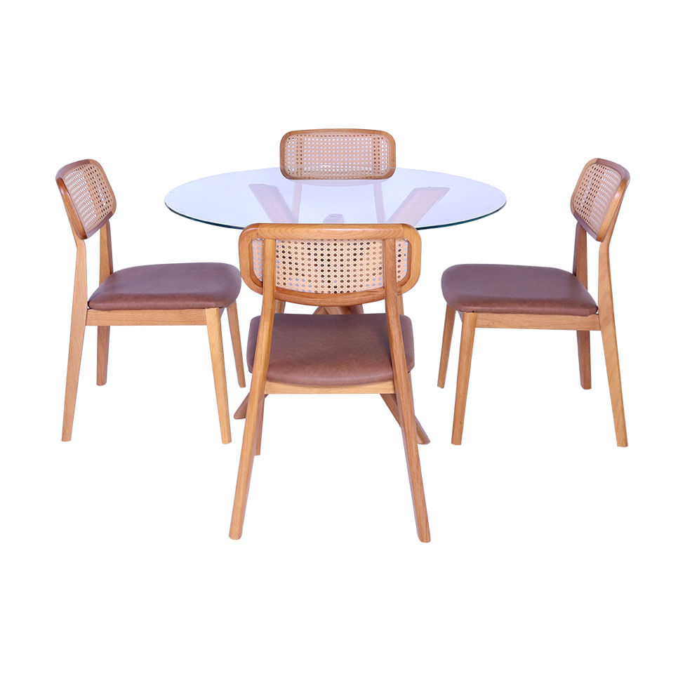 Conjunto Mesa de Jantar Redonda Verso e 4 Cadeiras Duna em Corino Caramelo