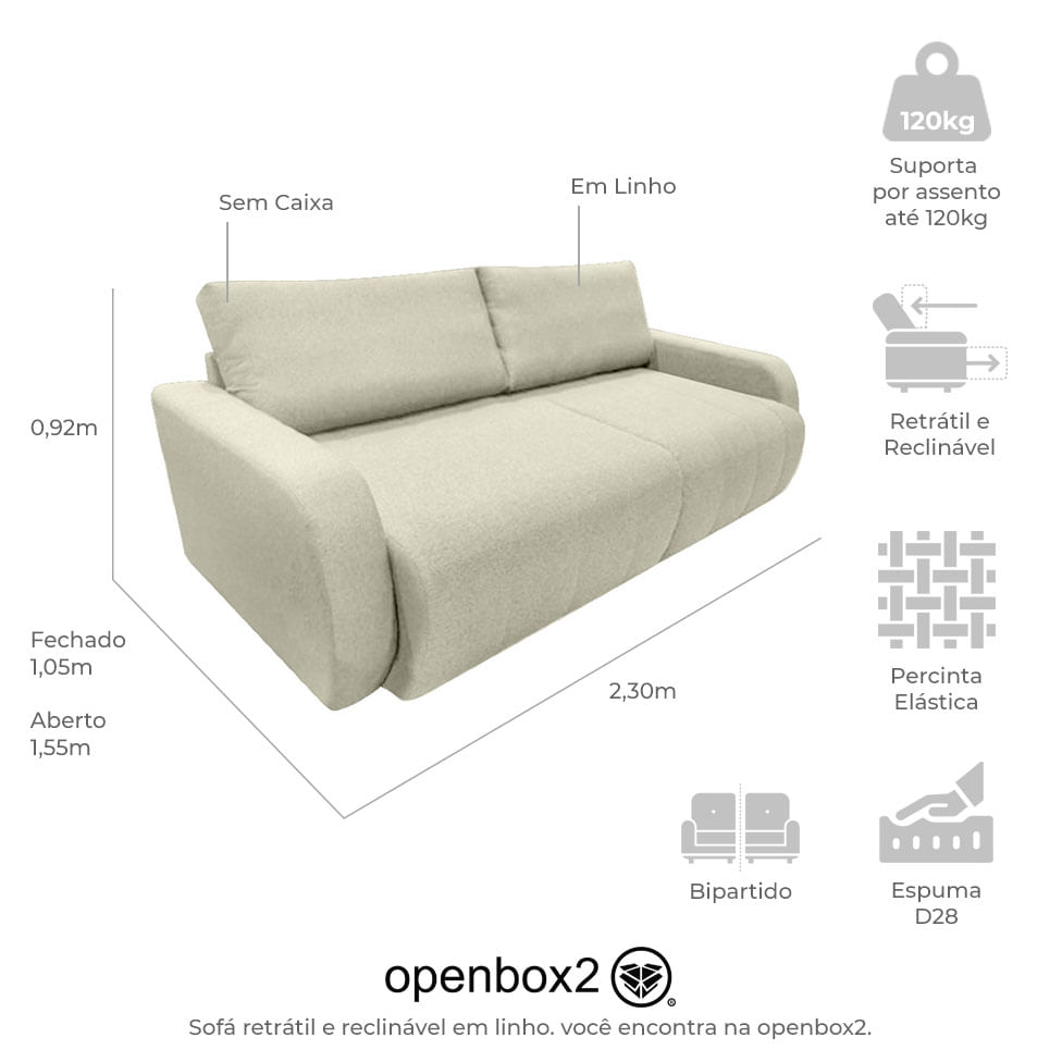 Sofá Retrátil e Reclinável Ares sem Caixa em Linho Mescla Prata 2,30m - Imagem 4