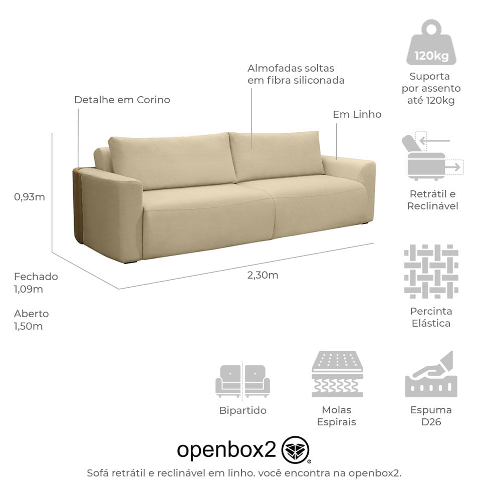 Sofá Retrátil e Reclinável Nature em Linho Cru e Café 2,30m - Imagem 5