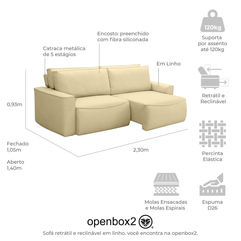 Sofá Retrátil e Reclinável Nobile em Linho Amêndoa 2,30m - Imagem 5