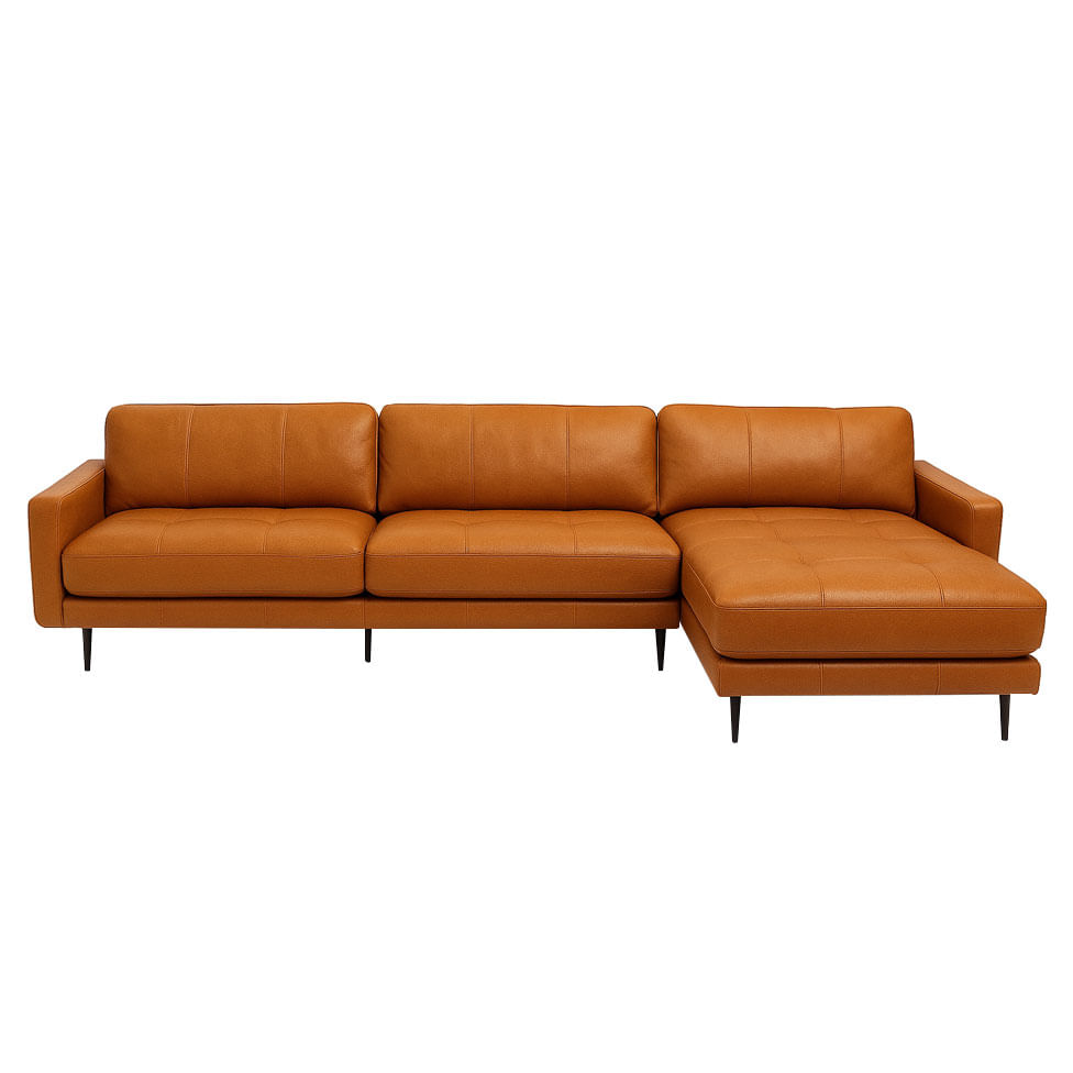 Sofá Living Pétrus em Couro Caramelo com Chaise 3,16m