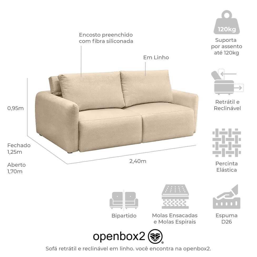Sofá Retrátil e Reclinável Santorini em Linho Cru 2,40m - Imagem 4