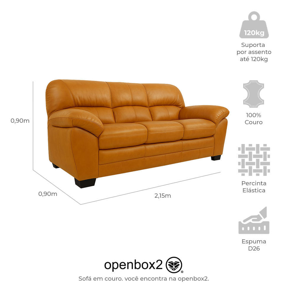 Sofá Fixo Messina em Couro Camel 2,15m - Imagem 3