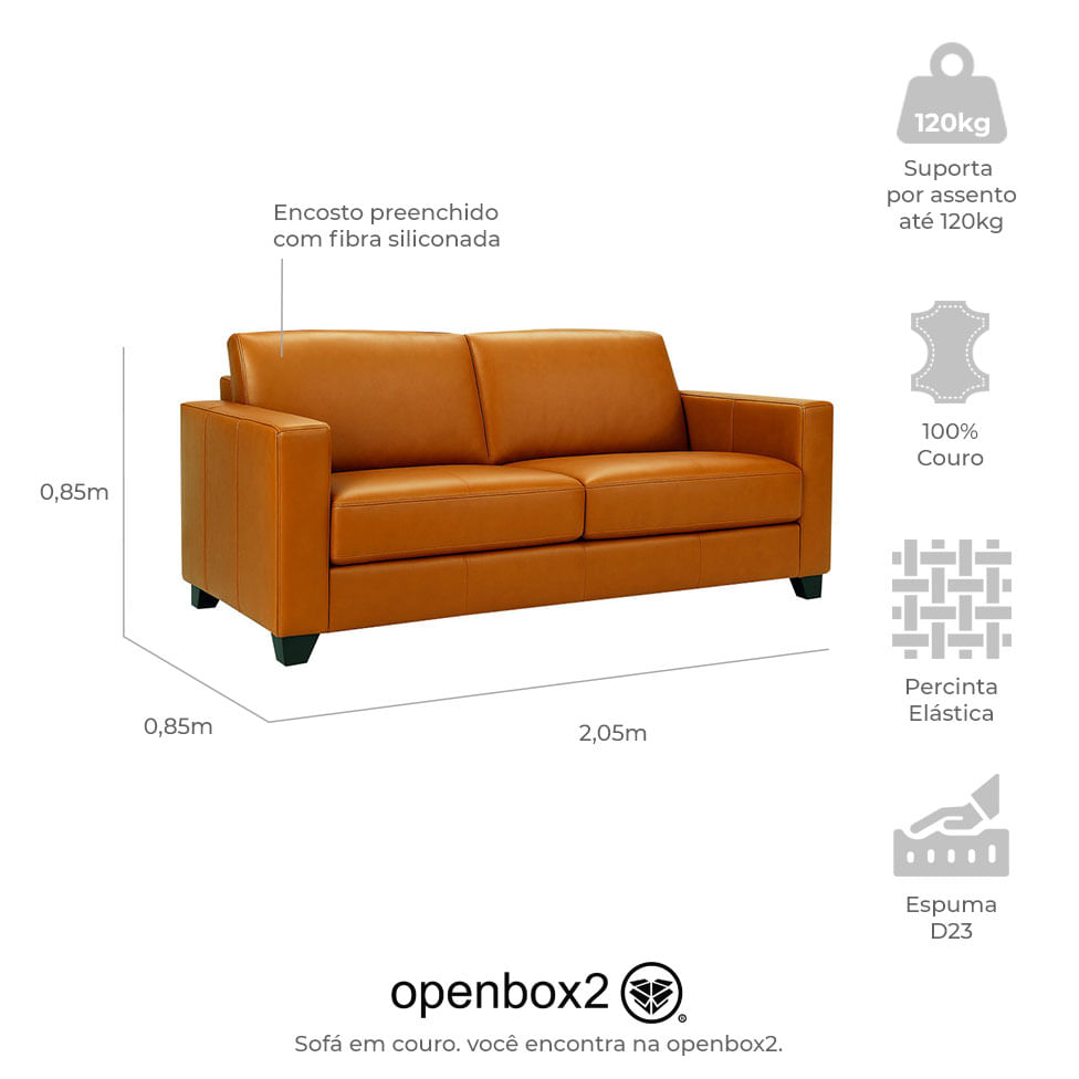 Sofá Fixo Napoli em Couro Camel 2,05m - Imagem 3