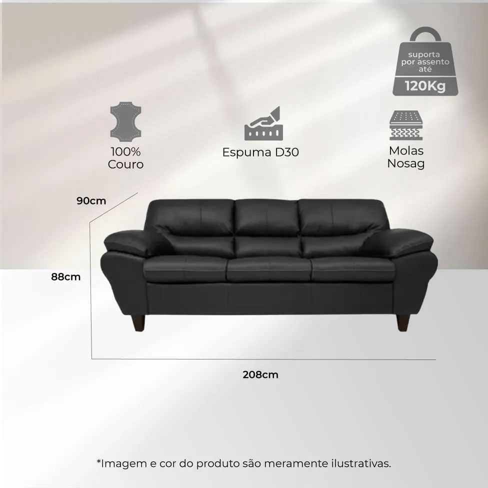 Sofá Valencia 2,08 Couro Preto - Imagem 4