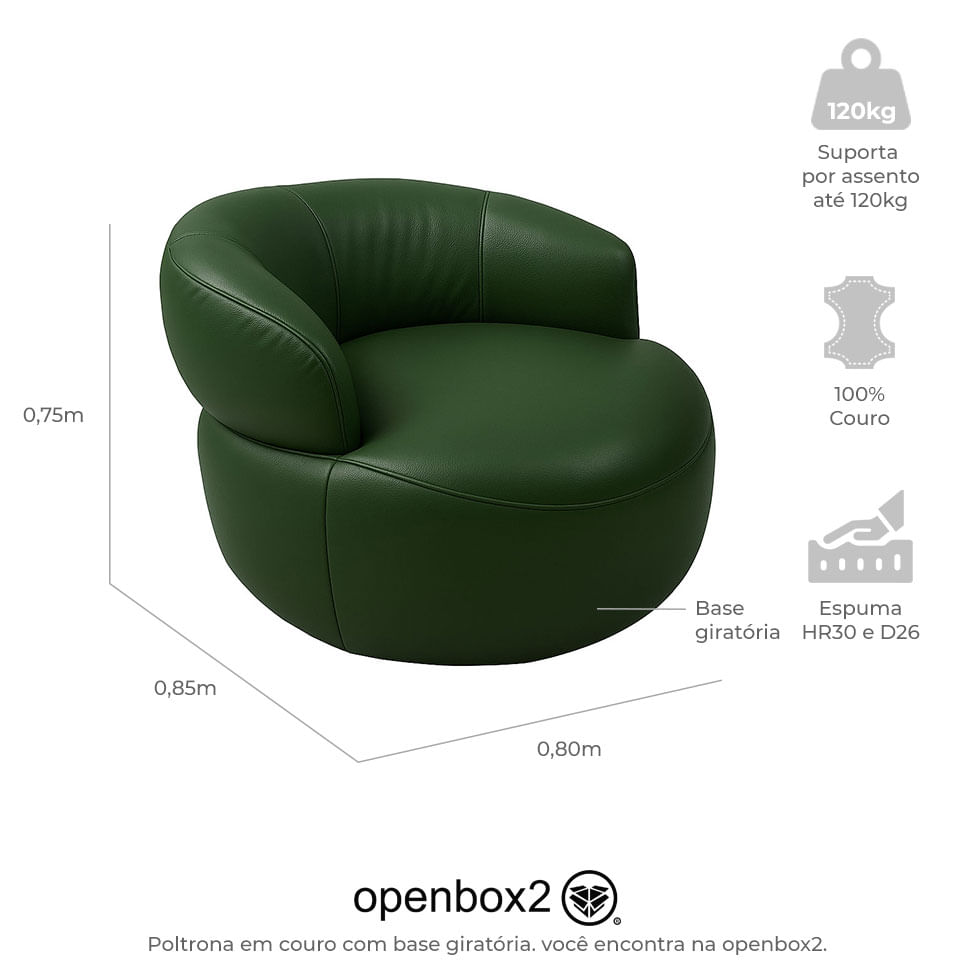 Poltrona Fini em Couro Green e Base Giratória - Imagem 3