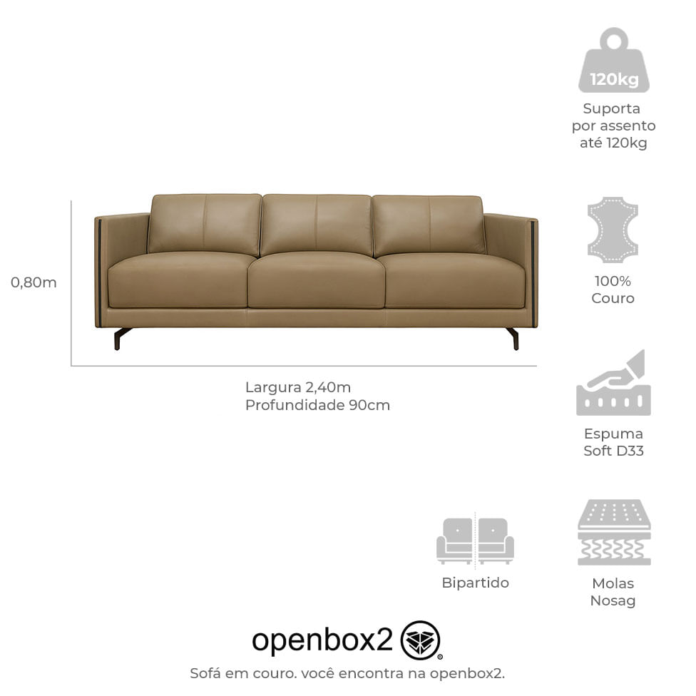 Sofá Fixo Damasco em Couro Avelã 2,40m - Imagem 3