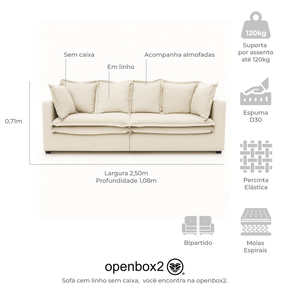 Sofá Living Glamour em Linho Off White 2,50m - Imagem 4