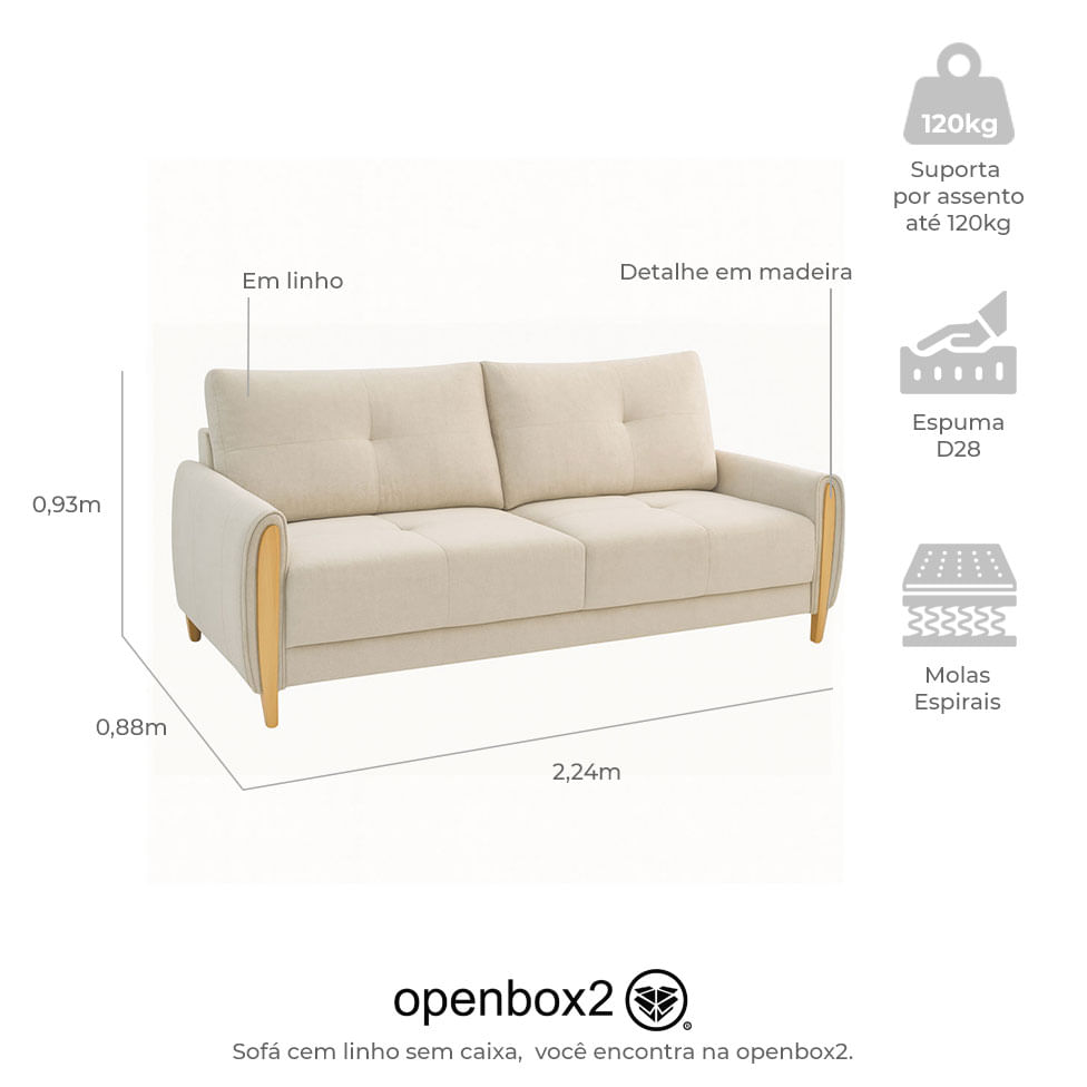 Sofá Fixo Chandon em Linho Off White 2,24m - Imagem 4