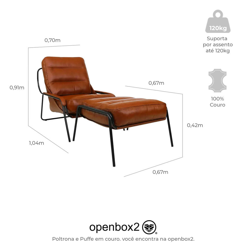 Poltrona Maggiolina com Puff em Couro Conhaque - Imagem 6