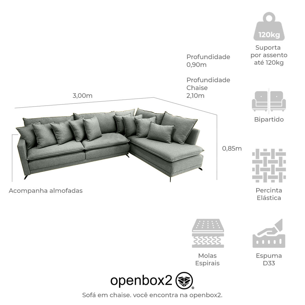 Sofá Fixo New Age com Chaise Direito em Linho Cinza 3,00m - Imagem 4