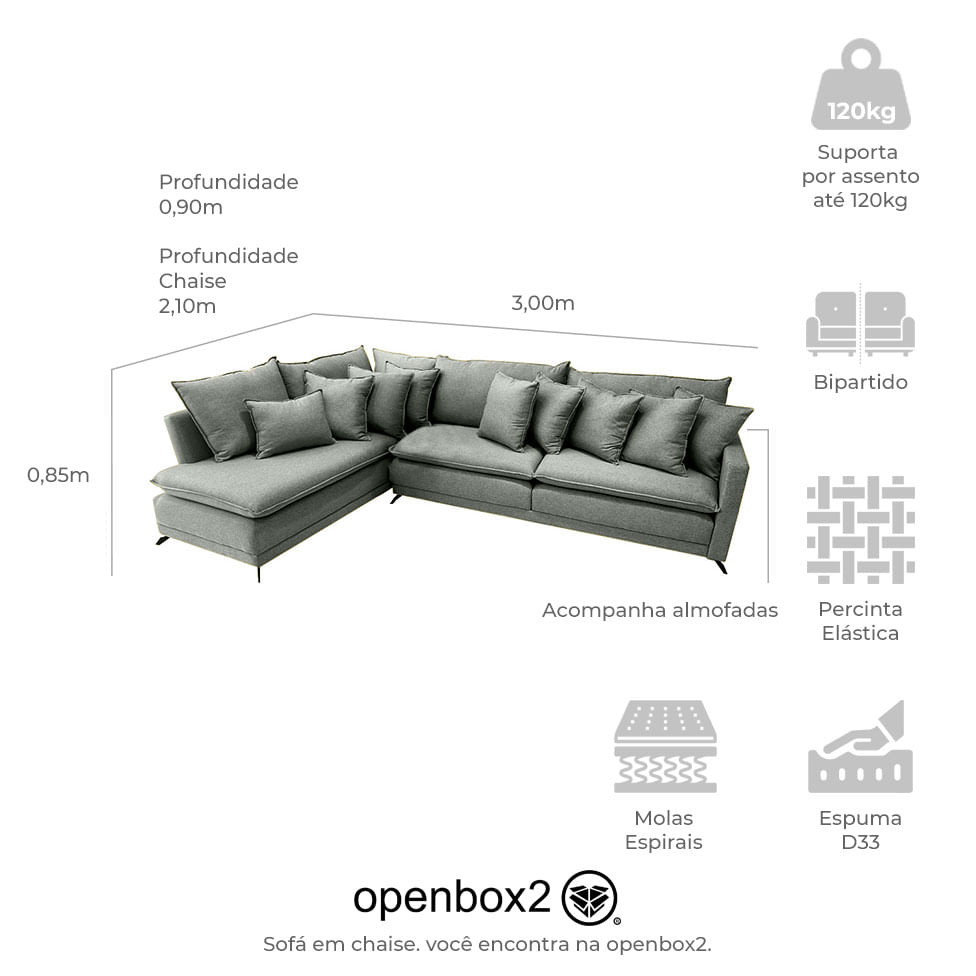 Sofá Fixo New Age com Chaise Esquerdo em Linho Cinza 3,00m - Imagem 4