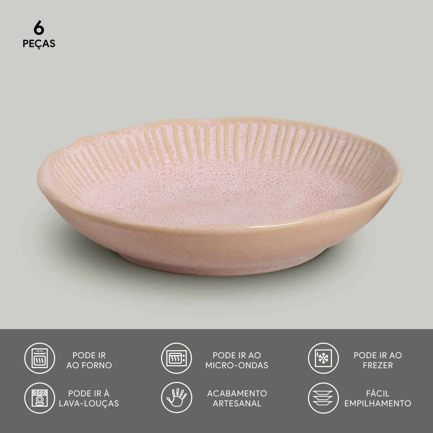 Conjunto com 6 Pratos Fundo Linhas Litchi Ø22,5cm 830ml - Imagem 3