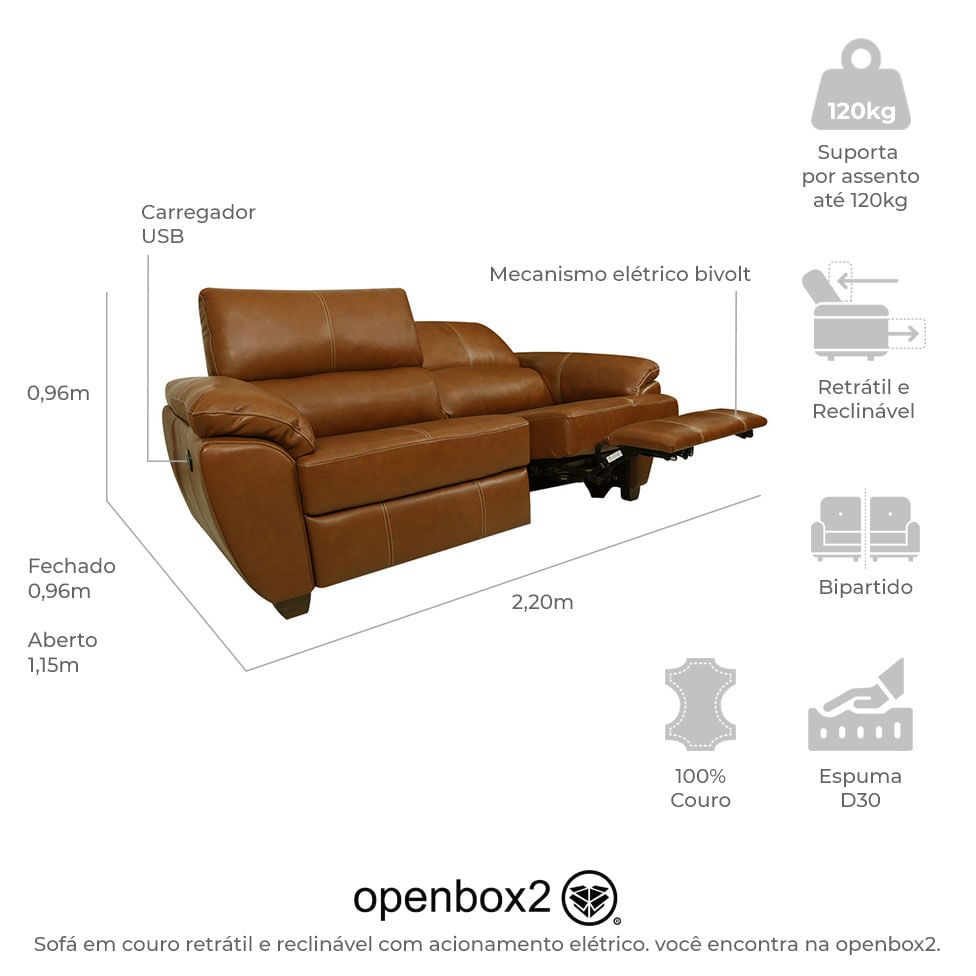 Sofá Retrátil e Reclinável Frank em Couro Mel com USB 2,20m - Imagem 5