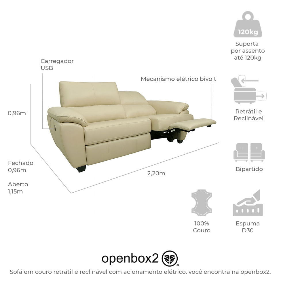 Sofá Retrátil e Reclinável Frank em Couro Off White com USB 2,20m - Imagem 4