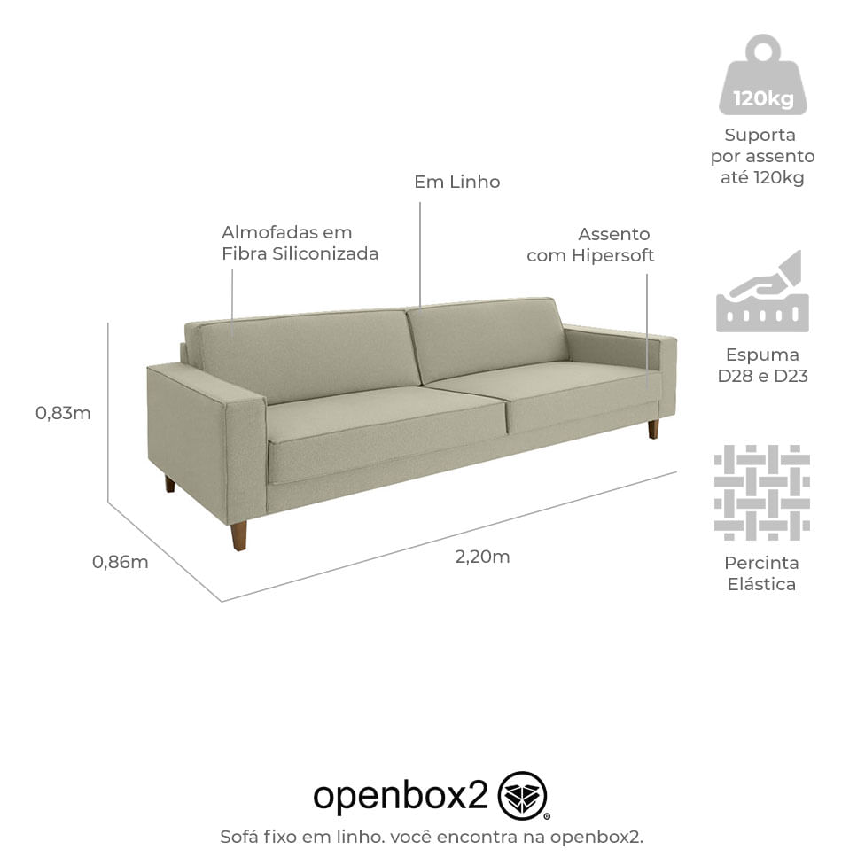 Sofá Living Camafeu em Linho Cinza 2,20m - Imagem 3
