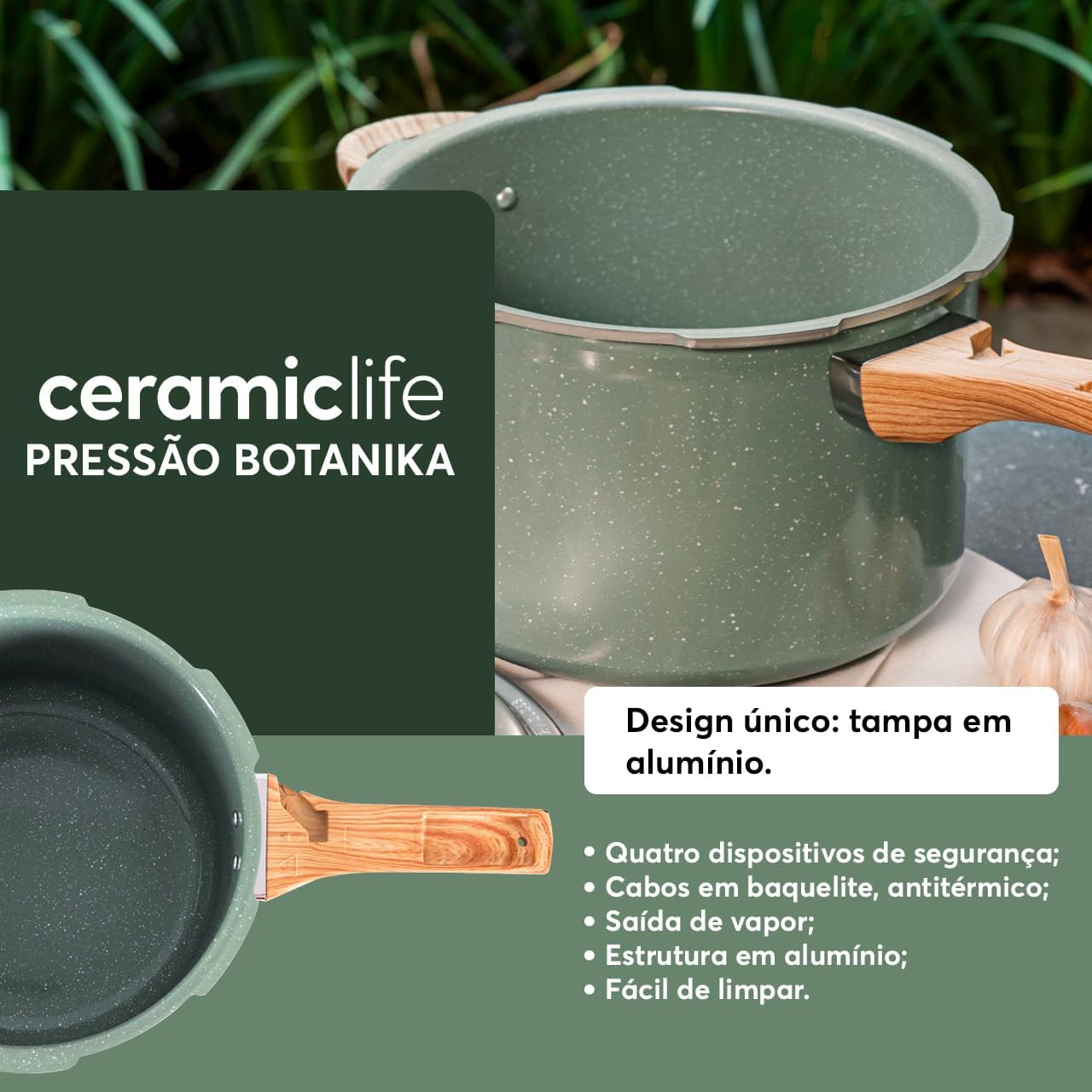 Panela de Pressão Antiaderente Ceramic Life Botanika Verde 4,2 Litros - Imagem 5