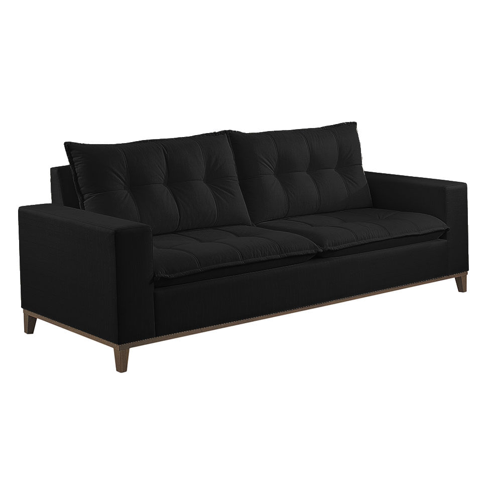 Sofa Rio Fixo em Veludo Preto Base Canela 1,80m