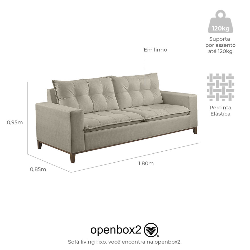 Sofa Rio Fixo em Linho Cinza Claro Base Canela 1,80m - Imagem 3