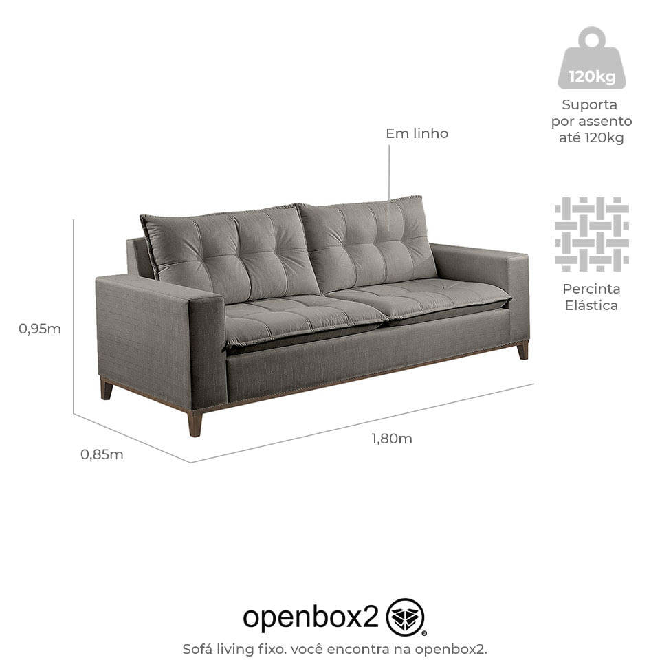 Sofa Rio Fixo em Linho Cinza Base Canela 1,80m - Imagem 3