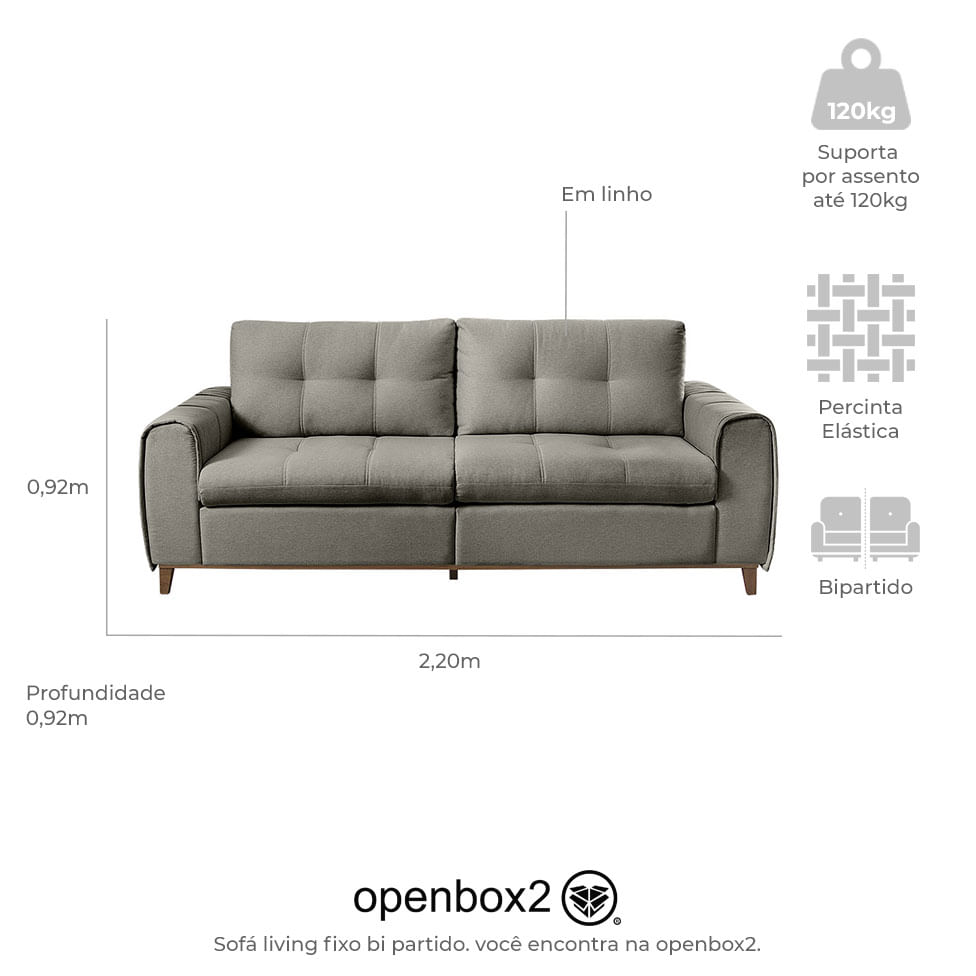 Sofa Leblon Fixo em Linho Grafite Base Canela 1,80m - Imagem 3