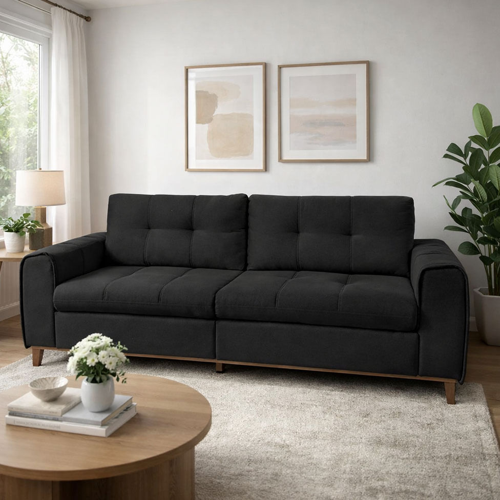Sofa Leblon Fixo em Veludo Preto Base Canela 1,80m - Imagem 2