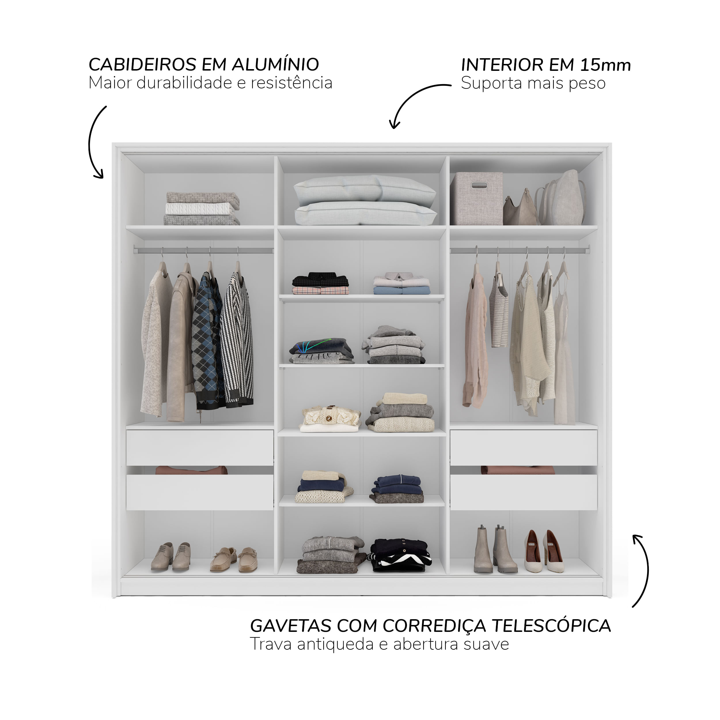 Guarda-Roupa Lisboa com 3 Portas de Correr Branco - Imagem 5