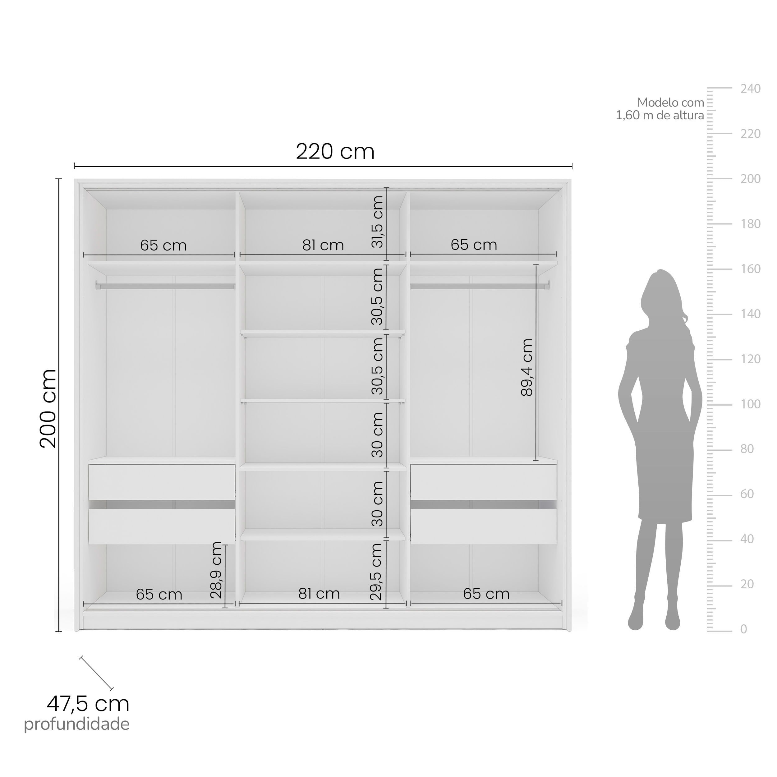 Guarda-Roupa Lisboa com 3 Portas de Correr Branco - Imagem 6