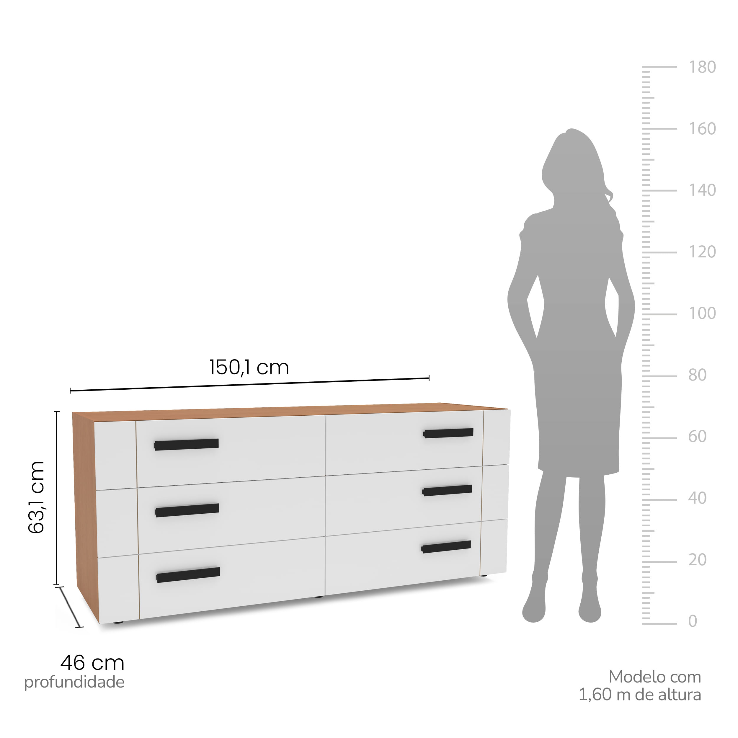 Cômoda Lisboa com 6 Gavetas Branca e Freijó - Imagem 5