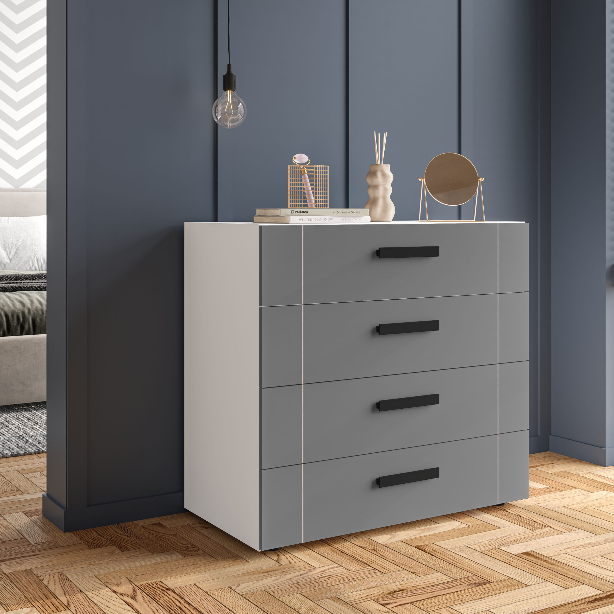 Cômoda Lisboa com 4 Gavetas Branca e Cinza - Imagem 3