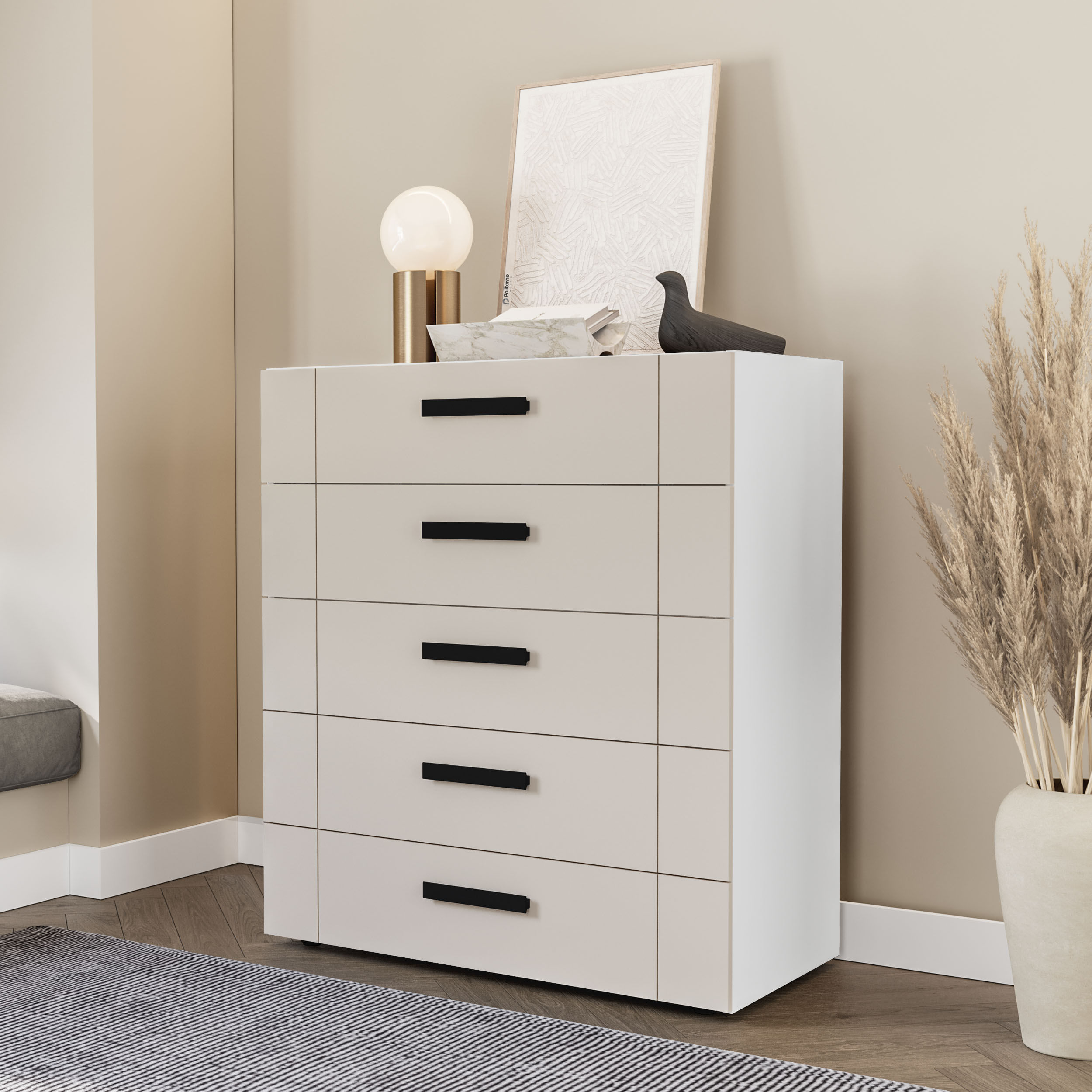 Cômoda Lisboa com 5 Gavetas Branca e Creme - Imagem 3