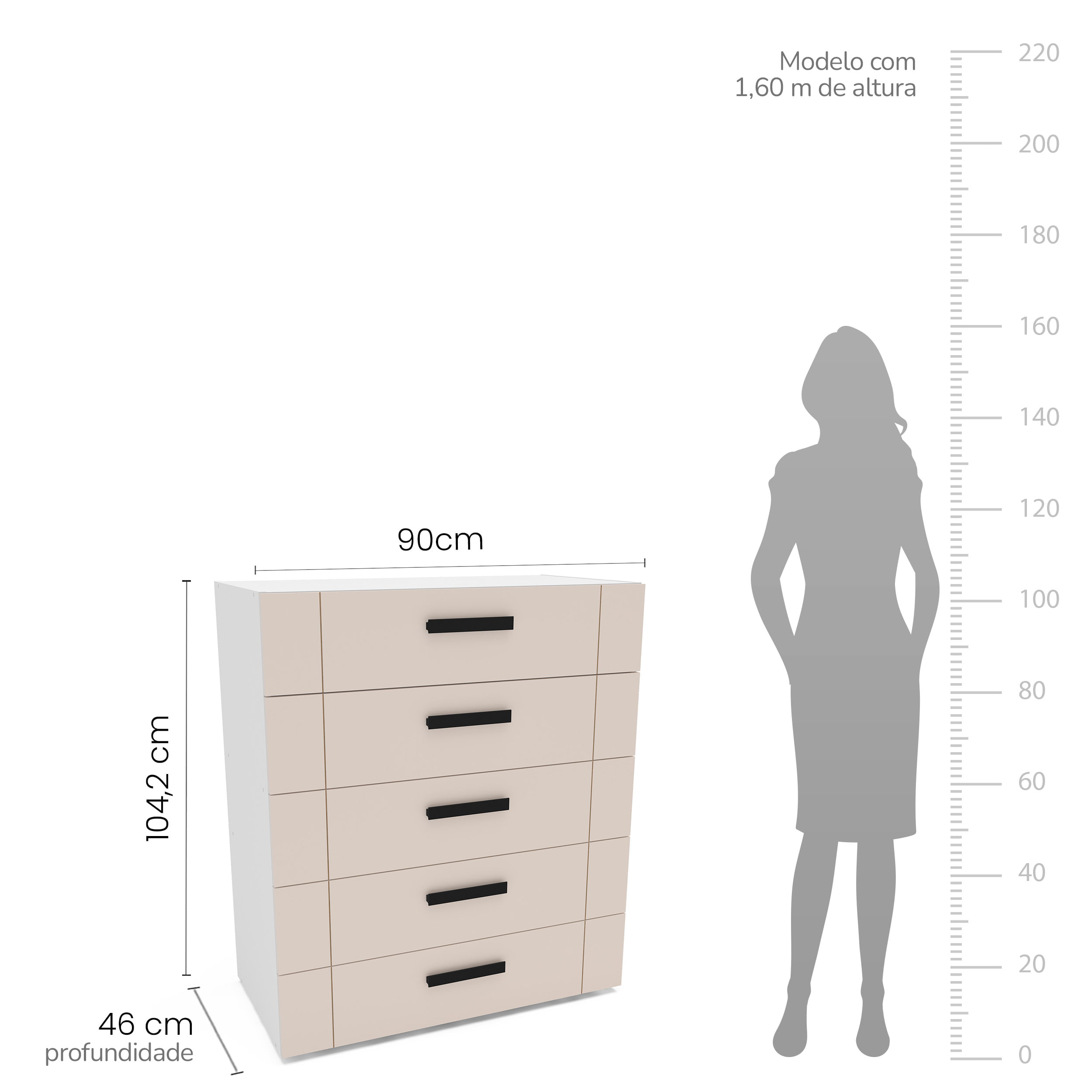 Cômoda Lisboa com 5 Gavetas Branca e Creme - Imagem 5