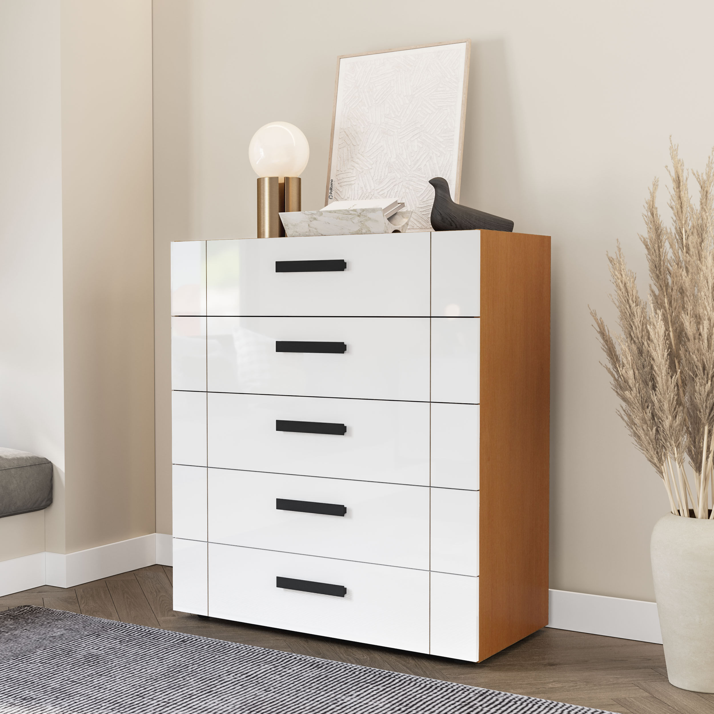 Cômoda Lisboa com 5 Gavetas Branca e Freijó - Imagem 3