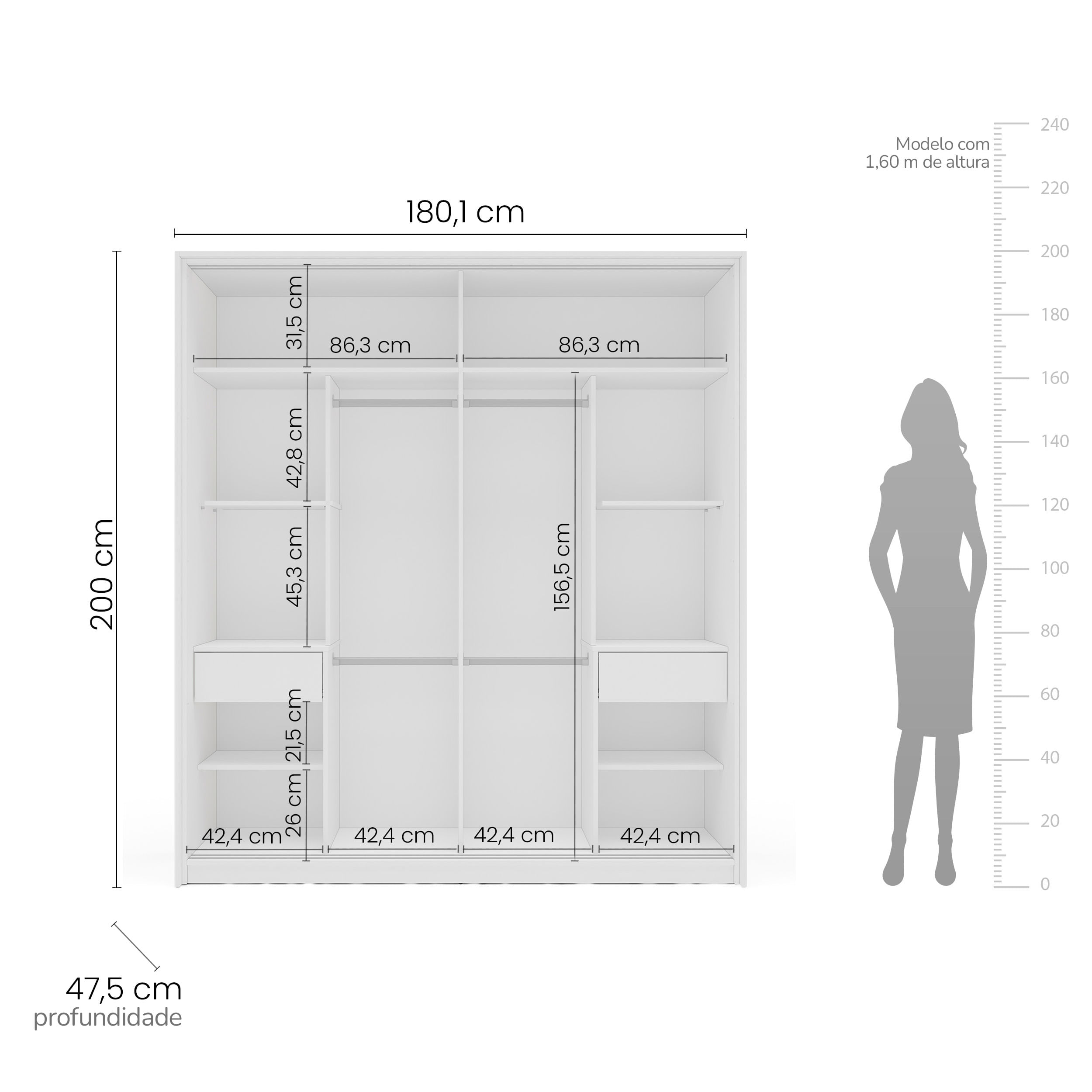 Guarda-Roupa Porto 2 Portas de Correr com Espelho Branco - Imagem 5