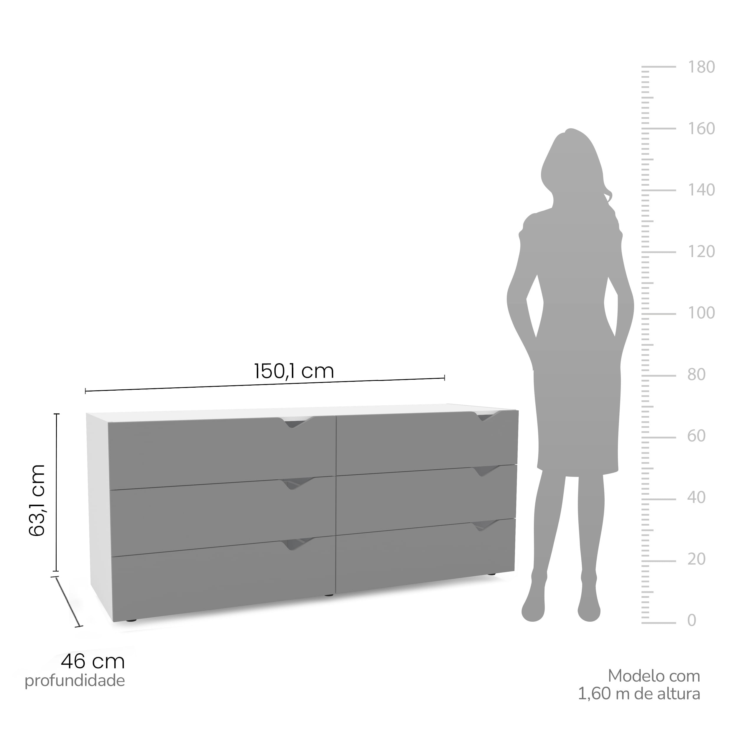 Cômoda Porto com 6 Gavetas Branco e Cinza - Imagem 5