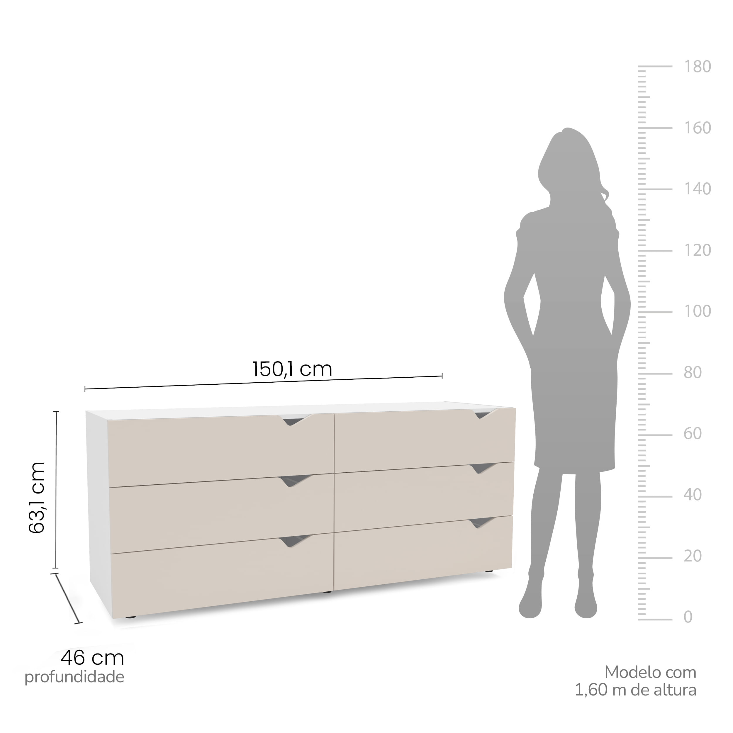 Cômoda Porto com 6 Gavetas Branco e Creme - Imagem 5