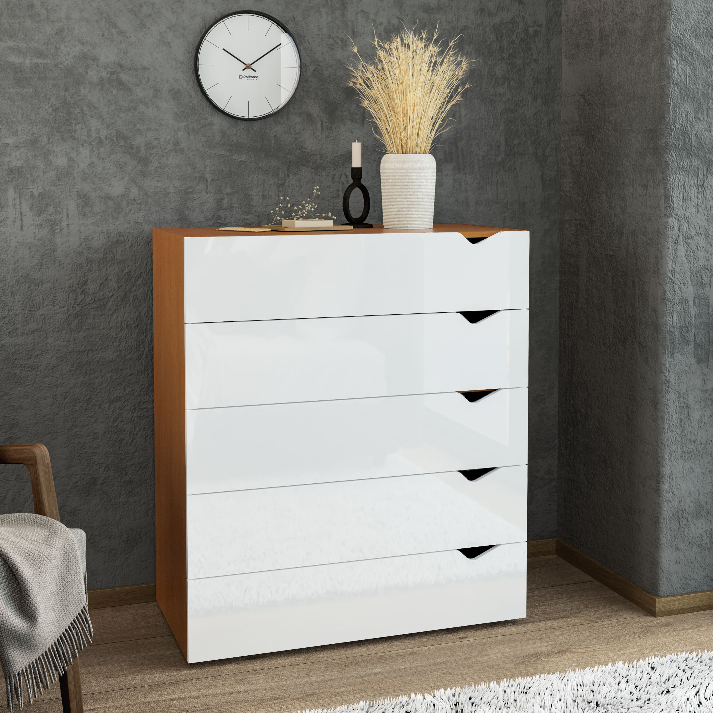 Cômoda Porto com 5 Gavetas Branco e Freijó - Imagem 3