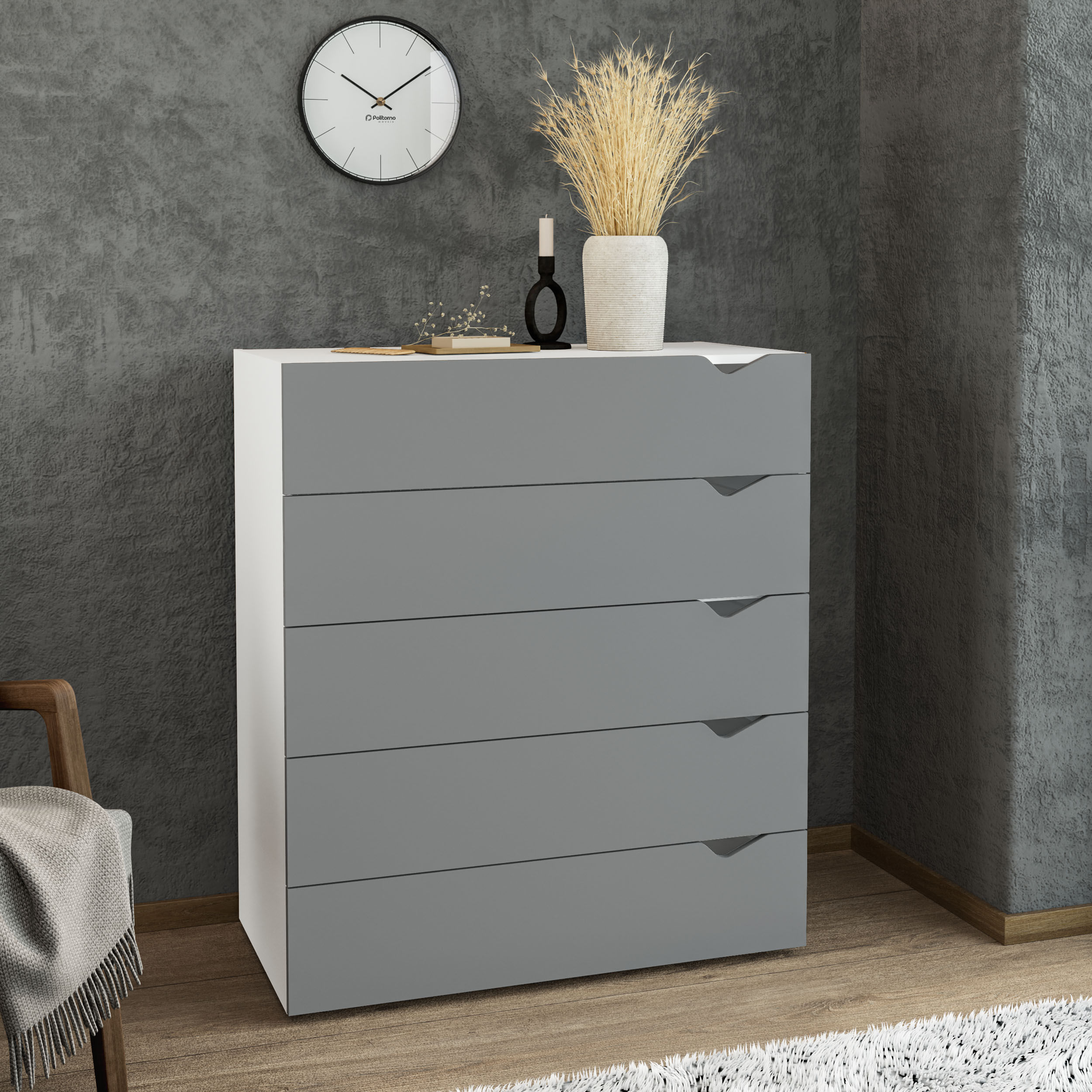 Cômoda Porto com 5 Gavetas Branco e Cinza - Imagem 3