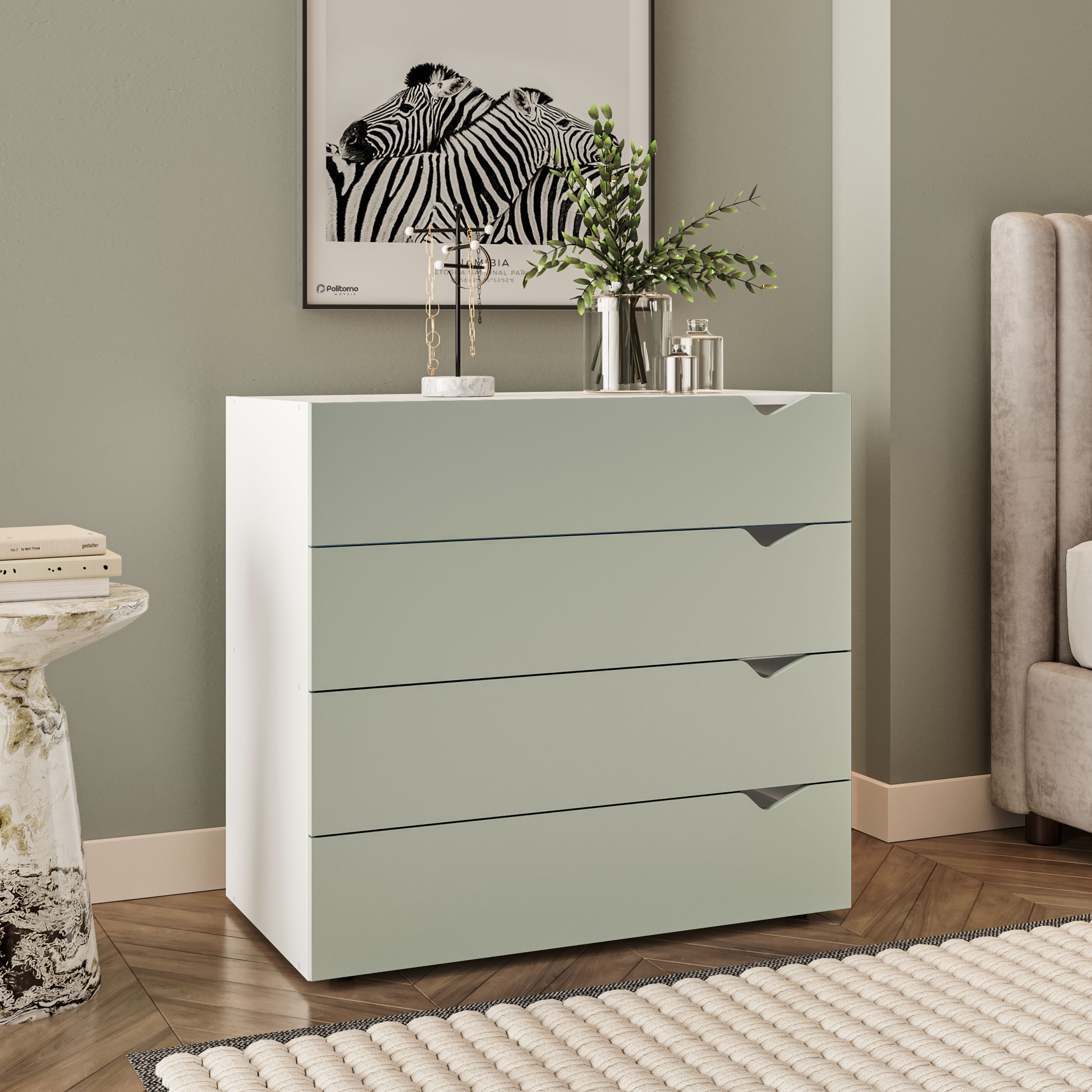 Cômoda Porto com 4 Gavetas Branco e Verde - Imagem 3