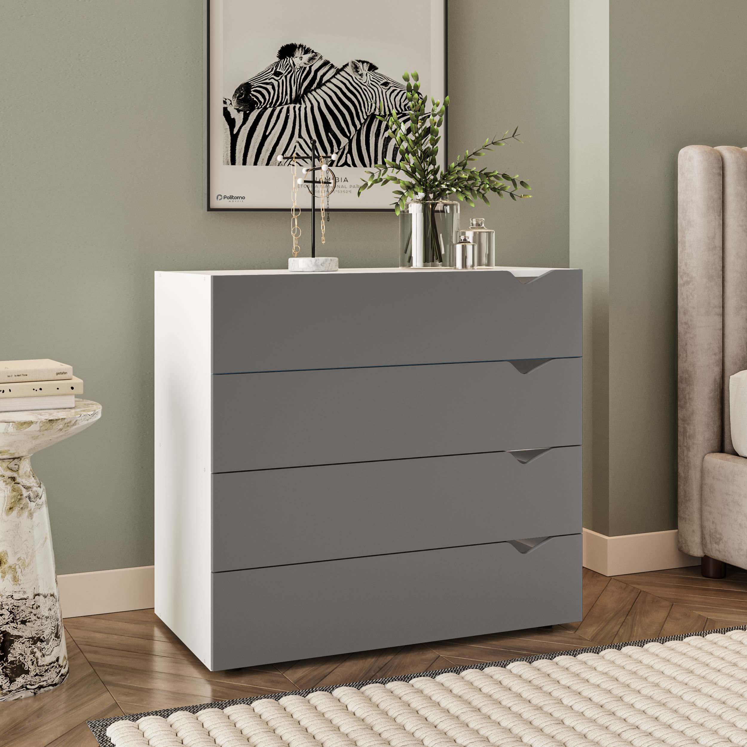 Cômoda Porto com 4 Gavetas Branco e Cinza - Imagem 3