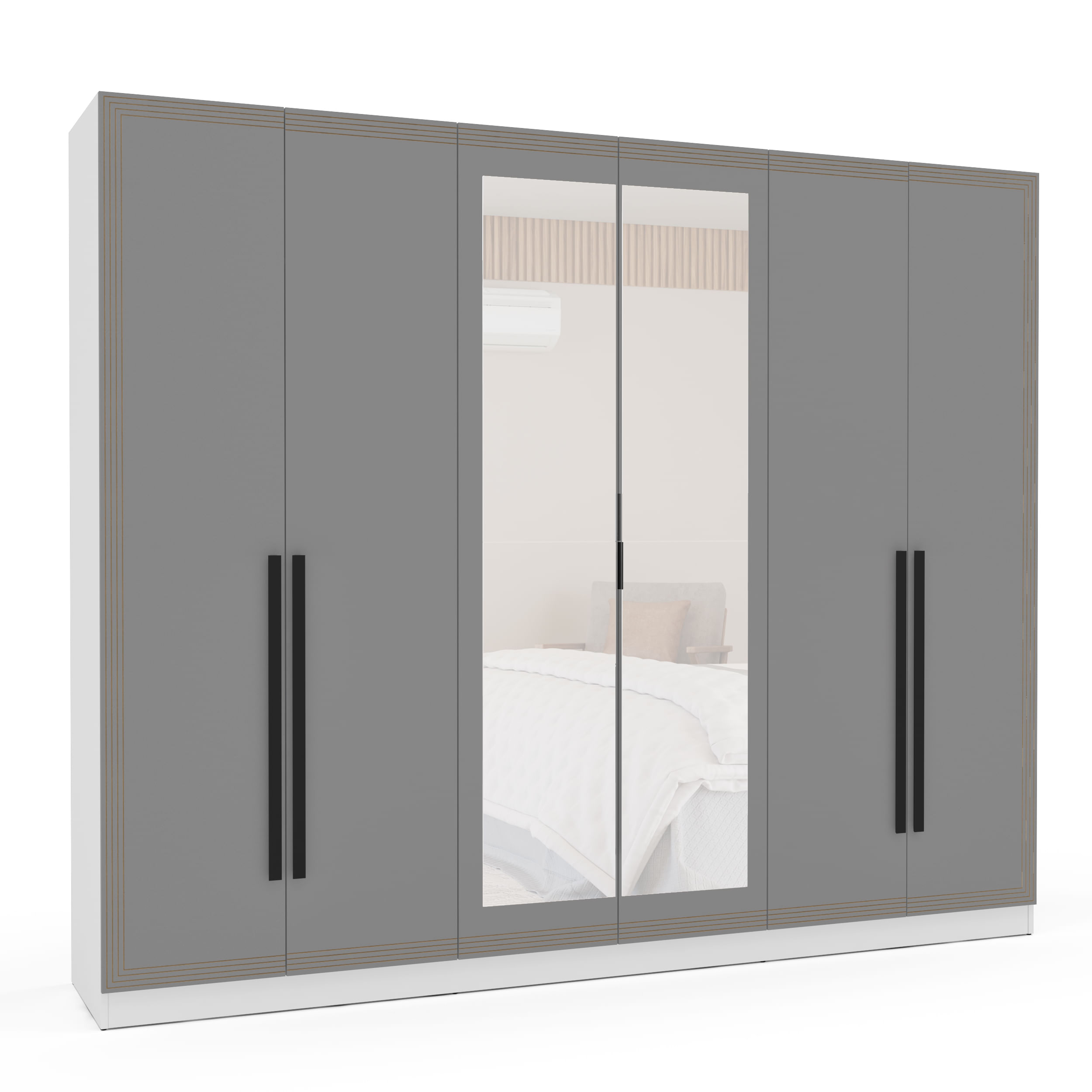 Guarda Roupa Valencia 6 Portas com Espelho Branco e Cinza