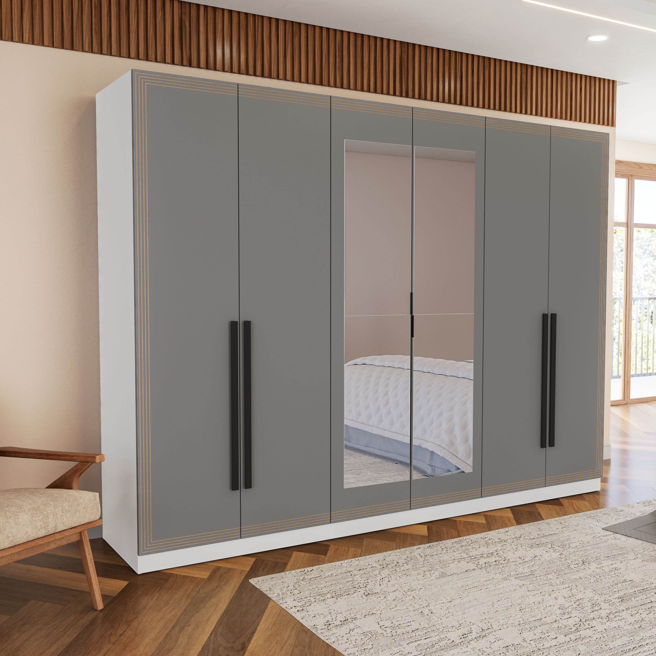 Guarda Roupa Valencia 6 Portas com Espelho Branco e Cinza - Imagem 4