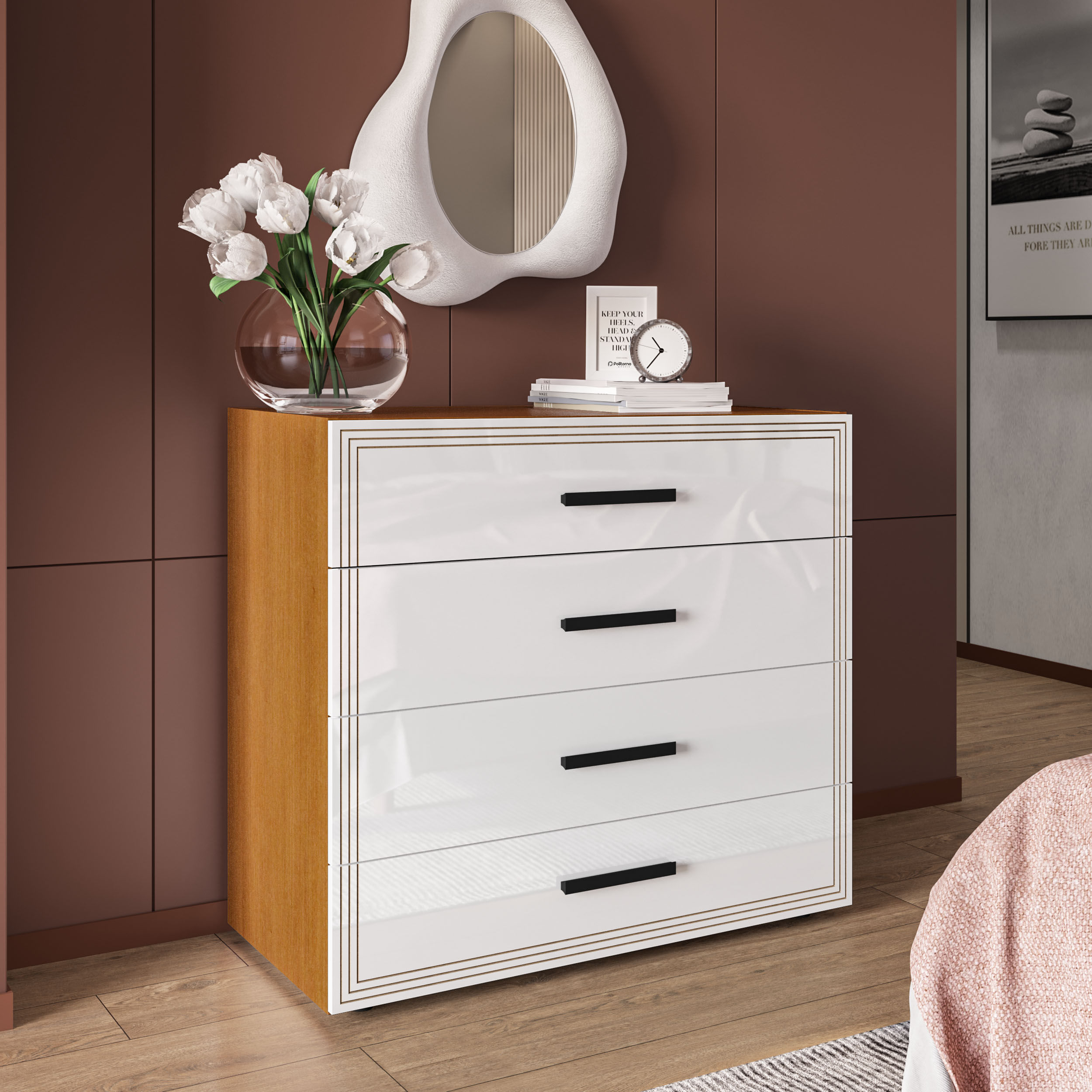 Cômoda Valencia 4 Gavetas Freijó e Branco - Imagem 3