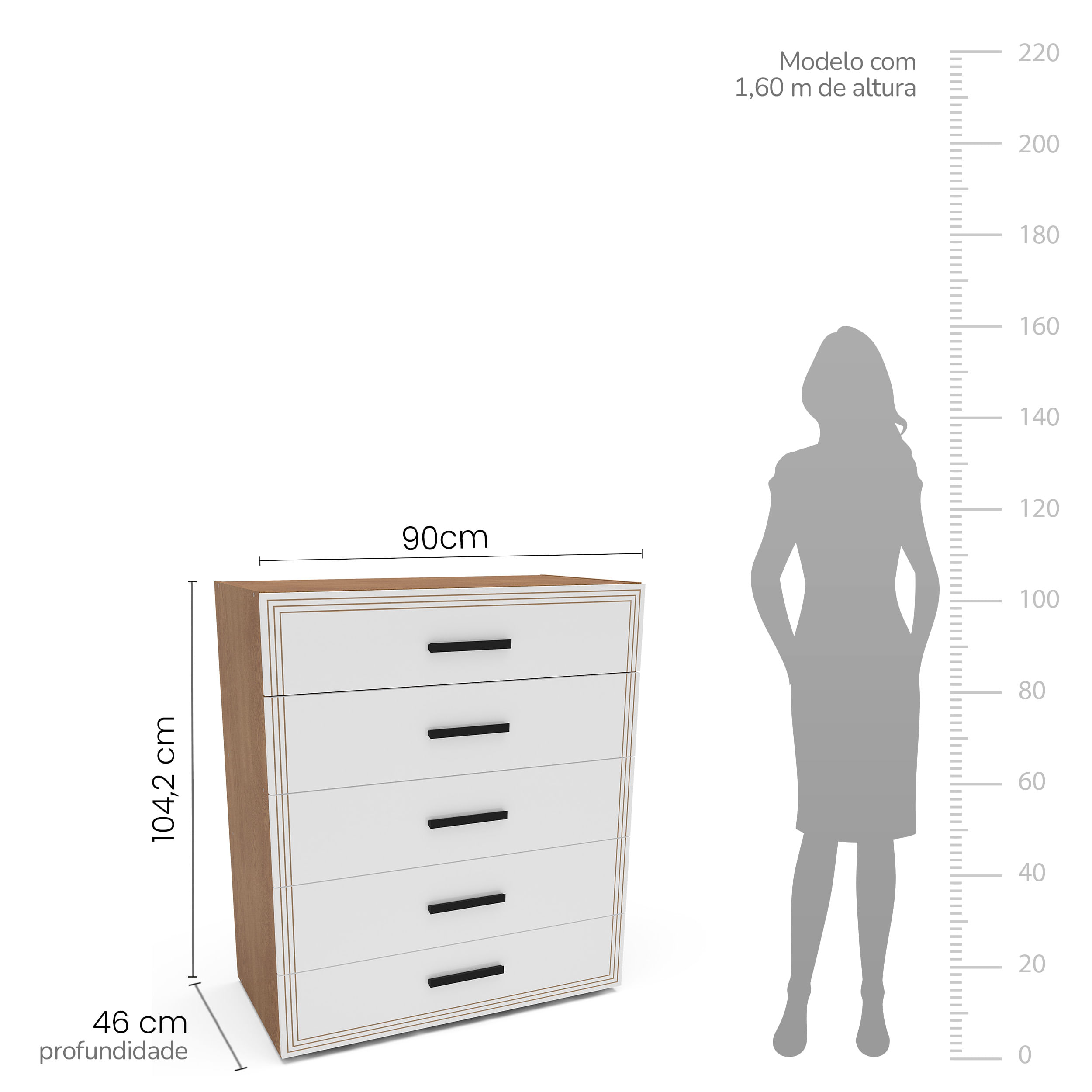 Cômoda Valencia 5 Gavetas Branca e Freijó - Imagem 4