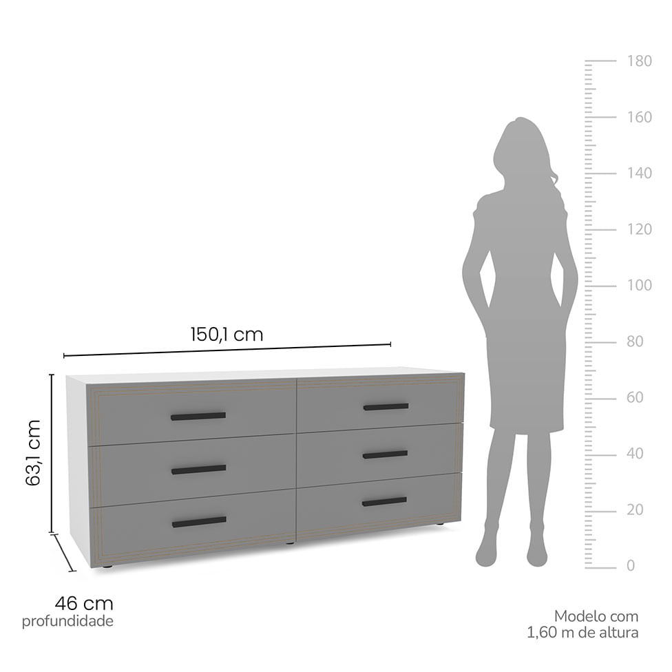 Cômoda Valencia 6 Gavetas Branca e Cinza - Imagem 5