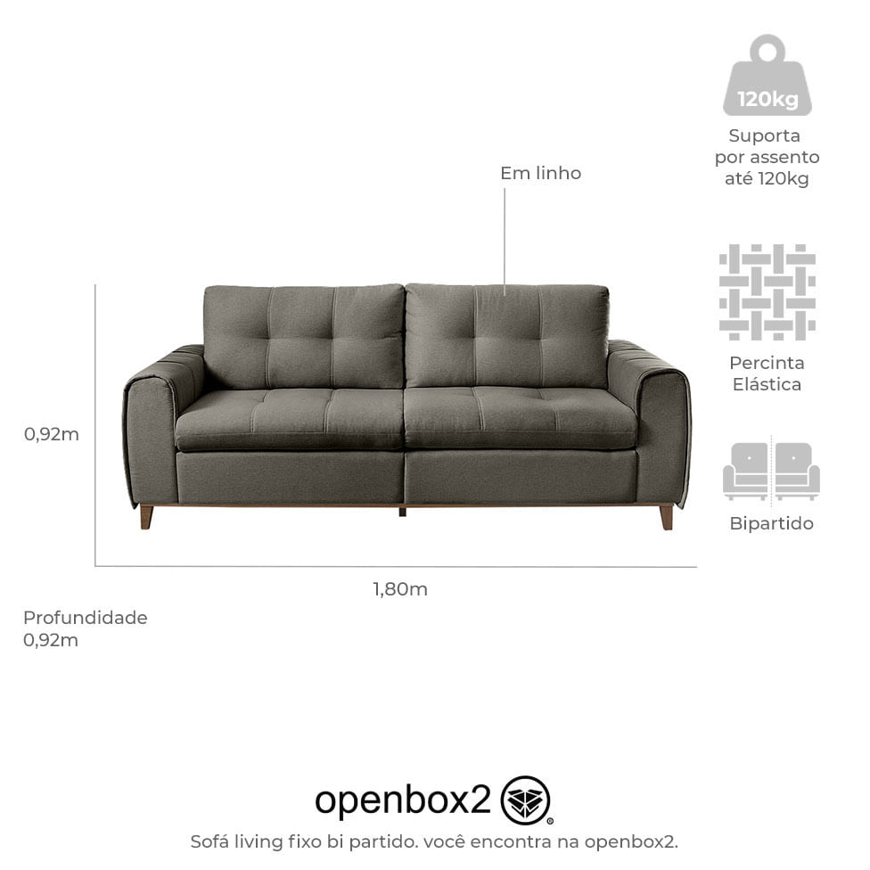 Sofa Leblon Fixo em Linho Chumbo Base Natural 1,80 - Imagem 3