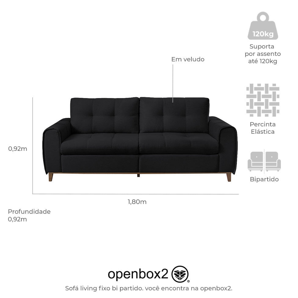 Sofa Leblon Fixo em Veludo Preto Base Canela 1,80m - Imagem 3